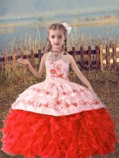  Coral Red Sleeveless Beading and Embroidery and Ruffles Floor Length Custom Made Pageant Dress