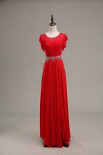  Floor Length Red Prom Dress Chiffon Sleeveless Beading and Lace