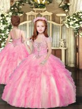  Baby Pink Sleeveless Tulle Lace Up Little Girls Pageant Dress Wholesale for Party and Wedding Party