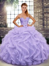 Custom Fit Floor Length Ball Gowns Sleeveless Lavender Quince Ball Gowns Lace Up