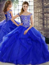 Glorious Royal Blue Tulle Lace Up Quinceanera Gown Sleeveless Brush Train Beading and Ruffles