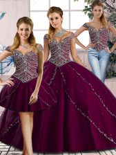 Charming Sweetheart Cap Sleeves Brush Train Lace Up Vestidos de Quinceanera Purple Tulle
