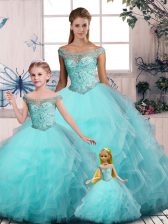 Excellent Off The Shoulder Sleeveless Sweet 16 Dress Floor Length Embroidery and Ruffles Aqua Blue Tulle
