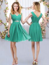  Mini Length Turquoise Dama Dress for Quinceanera Chiffon Sleeveless Belt