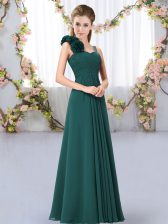 Affordable Peacock Green Chiffon Lace Up Quinceanera Court Dresses Sleeveless Floor Length Hand Made Flower