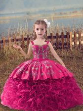  Hot Pink Fabric With Rolling Flowers Lace Up Straps Sleeveless Pageant Dress for Teens Sweep Train Embroidery