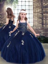  Navy Blue Sleeveless Tulle Lace Up Little Girls Pageant Gowns