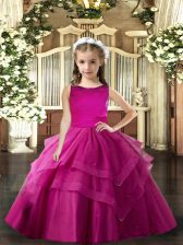  Fuchsia Sleeveless Floor Length Ruffled Layers Lace Up Pageant Dress for Teens