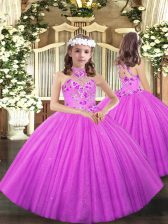 Hot Sale Lilac Ball Gowns Halter Top Sleeveless Tulle Floor Length Lace Up Appliques Little Girl Pageant Dress
