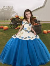  Blue Ball Gowns Embroidery Little Girl Pageant Dress Lace Up Organza Sleeveless Floor Length