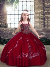 Beautiful Floor Length Wine Red Pageant Gowns For Girls Tulle Sleeveless Beading