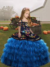 Popular Blue Little Girl Pageant Gowns Wedding Party with Embroidery and Ruffled Layers Straps Sleeveless Lace Up