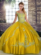  Off The Shoulder Sleeveless Quinceanera Dress Floor Length Beading and Embroidery Gold Tulle