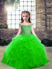  Off The Shoulder Sleeveless Lace Up Kids Formal Wear Green Tulle