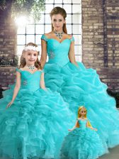 Superior Aqua Blue Off The Shoulder Neckline Beading and Ruffles and Pick Ups Quinceanera Gown Sleeveless Lace Up