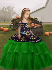  Green Ball Gowns Straps Sleeveless Tulle Floor Length Lace Up Embroidery and Ruffled Layers Child Pageant Dress