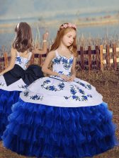 Best Royal Blue Ball Gowns Straps Long Sleeves Organza Floor Length Lace Up Embroidery and Ruffled Layers Kids Formal Wear