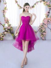 Hot Sale Fuchsia Tulle Lace Up Sweetheart Sleeveless High Low Quinceanera Dama Dress Lace