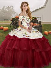  Wine Red Sleeveless Embroidery and Ruffled Layers Lace Up 15 Quinceanera Dress