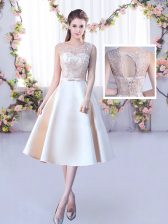 Fabulous Sleeveless Tea Length Lace and Belt Lace Up Dama Dress for Quinceanera with Champagne