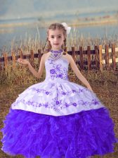 Beauteous Halter Top Sleeveless Organza Little Girls Pageant Gowns Beading and Embroidery and Ruffles Lace Up