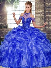 High Quality Sleeveless Organza Floor Length Lace Up Vestidos de Quinceanera in Blue with Beading and Ruffles