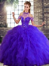 Beading and Ruffles Quinceanera Gown Purple Lace Up Sleeveless Floor Length