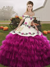 Captivating Fuchsia Quinceanera Dresses Military Ball and Sweet 16 and Quinceanera with Embroidery and Ruffled Layers Off The Shoulder Sleeveless Lace Up