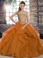 Decent Orange Off The Shoulder Neckline Beading and Ruffles Quinceanera Gown Sleeveless Lace Up