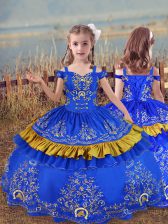  Blue Ball Gowns Off The Shoulder Sleeveless Satin Floor Length Lace Up Beading and Embroidery Kids Formal Wear