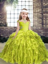 Best Yellow Green Organza Lace Up Girls Pageant Dresses Sleeveless Floor Length Beading and Ruffles