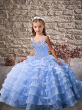 Discount Straps Sleeveless Brush Train Lace Up Little Girl Pageant Dress Blue Organza