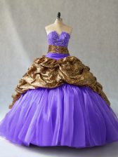  Lavender Lace Up V-neck Beading and Pick Ups Quinceanera Dresses Organza and Printed Sleeveless Brush Train
