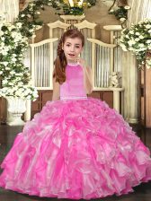 Fantastic Floor Length Rose Pink Pageant Dress Organza Sleeveless Beading and Ruffles