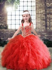  Red Ball Gowns Straps Sleeveless Tulle Floor Length Lace Up Beading and Ruffles Little Girls Pageant Dress Wholesale