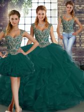  Peacock Green Sleeveless Floor Length Beading and Ruffles Lace Up Quinceanera Gowns