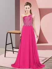  One Shoulder Sleeveless Dress for Prom Floor Length Beading Hot Pink Chiffon