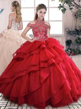 New Style Ball Gowns Quinceanera Dress Red High-neck Organza Sleeveless Floor Length Lace Up
