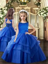 Low Price Scoop Sleeveless Pageant Gowns For Girls Floor Length Ruffled Layers Royal Blue Tulle