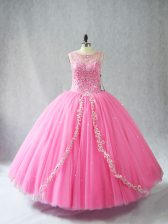 Beautiful Rose Pink Tulle Lace Up Ball Gown Prom Dress Sleeveless Floor Length Beading and Appliques