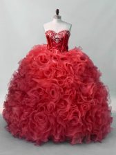  Red Organza Lace Up Sweetheart Sleeveless Floor Length Sweet 16 Quinceanera Dress Sequins
