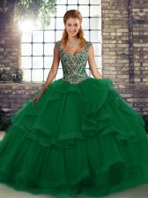 Glamorous Sleeveless Tulle Floor Length Lace Up Sweet 16 Quinceanera Dress in Green with Beading and Ruffles