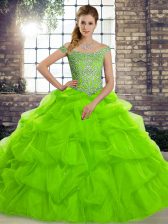  Off The Shoulder Sleeveless Tulle Vestidos de Quinceanera Beading and Pick Ups Brush Train Lace Up