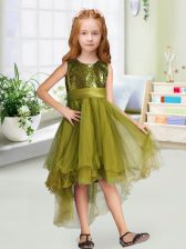 Excellent Olive Green A-line Scoop Sleeveless Organza High Low Zipper Sequins and Bowknot Flower Girl Dress