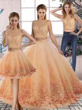  Peach Sleeveless Tulle Sweep Train Backless Quince Ball Gowns for Military Ball and Sweet 16 and Quinceanera