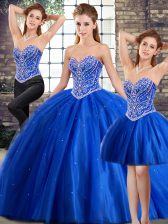 Latest Blue Sleeveless Tulle Brush Train Lace Up Sweet 16 Quinceanera Dress for Military Ball and Sweet 16 and Quinceanera