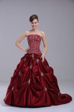 Fancy Embroidery and Pick Ups Vestidos de Quinceanera Wine Red Lace Up Sleeveless Brush Train