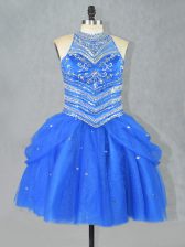  Mini Length Blue Prom Gown Tulle Sleeveless Beading