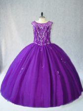 Classical Floor Length Purple 15th Birthday Dress Tulle Sleeveless Beading and Appliques