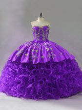 Designer Purple Fabric With Rolling Flowers Lace Up Sweetheart Sleeveless Ball Gown Prom Dress Brush Train Embroidery and Ruffles